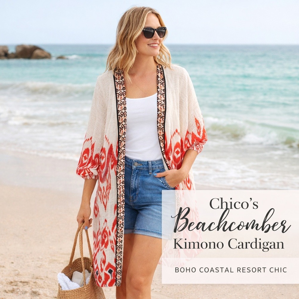 Chico's BeachComber Ikat Kimono Cardigan Semi Sheer Boho Duster M Coastal Resort